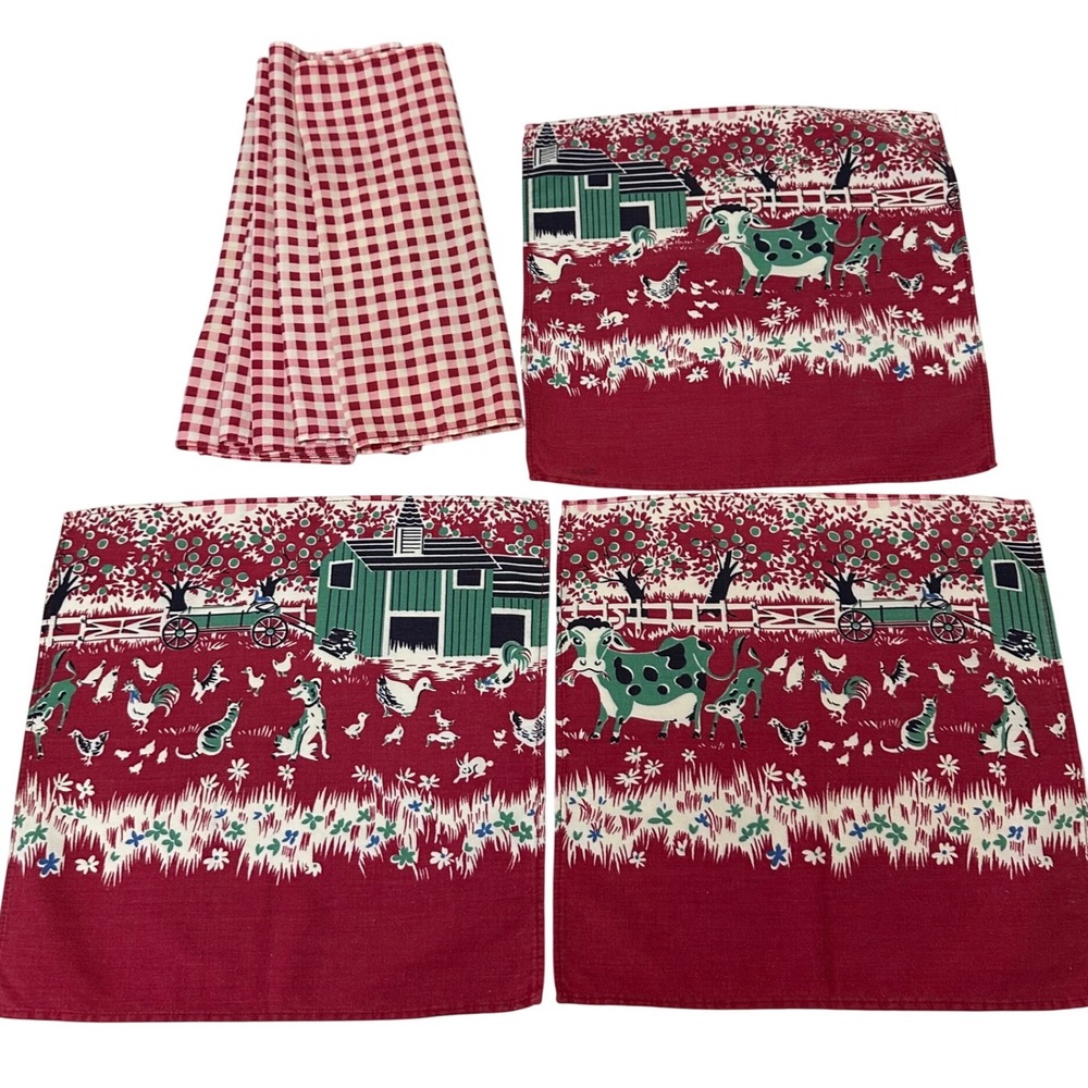 Vintage Farm Scene & Red Gingham Check Cloth Napkin Lot of 8 Farmhouse Country